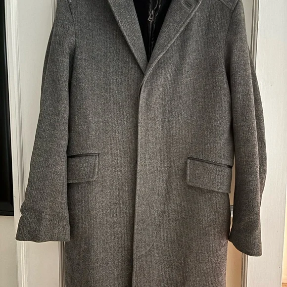 Cole Haan Men's Classic Wool Twill Topper Coat Ribbed Knit Bib Gray Black